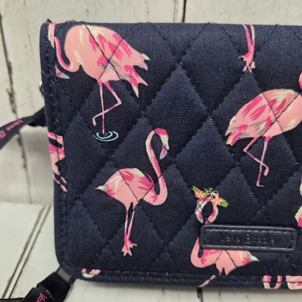 Vera Bradley Pink Flamingo Quilted Wallet Navy Blue RFID Multi Compartment GUC